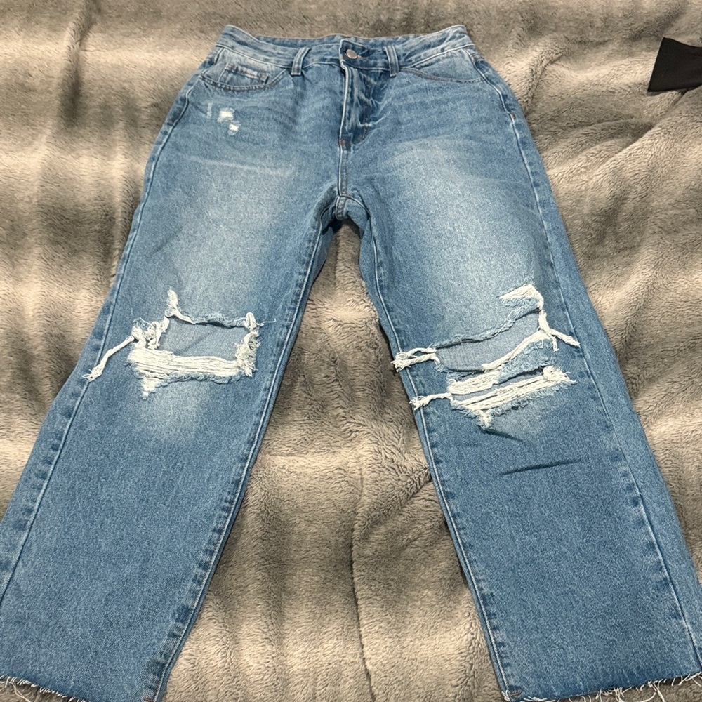 SHEIN Blue Distressed Boyfriend Jeans